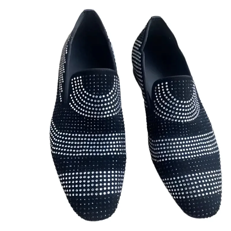 New Black & White Rhinestone Loafers for Men – Suede Leather Italian Dress Shoes with Crystal Accents, Slip-On Flats