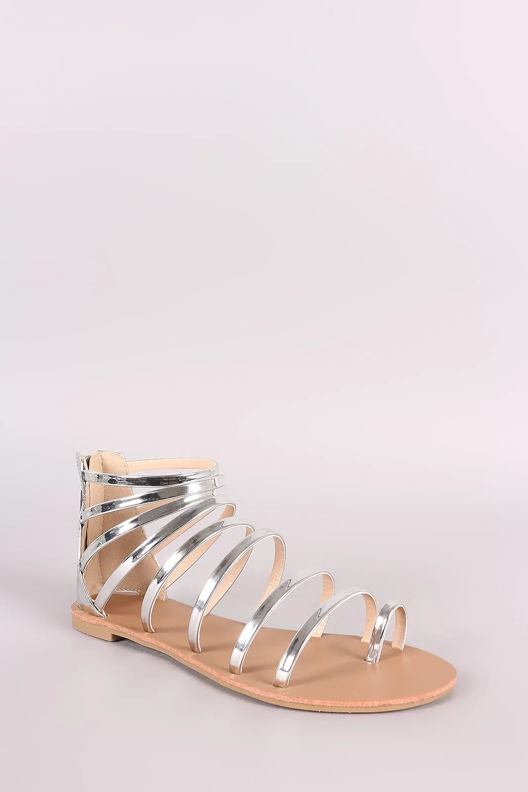 Qupid Mirror Metallic Toe Ring Strappy Gladiator Flat Sandal