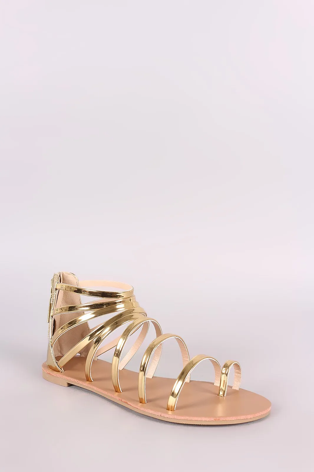 Qupid Mirror Metallic Toe Ring Strappy Gladiator Flat Sandal