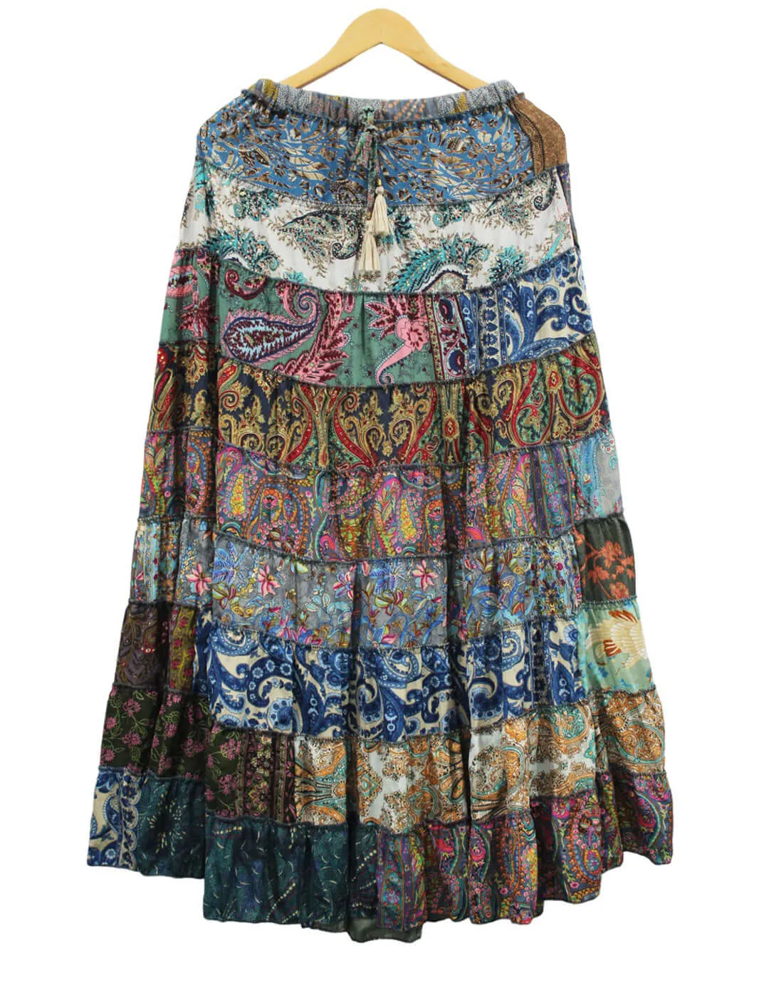 Recycled Silk sari Bohemian Skirt Women Hippy Patchwork Long Boho Skirt Floral Print , Elastic Waist A Line