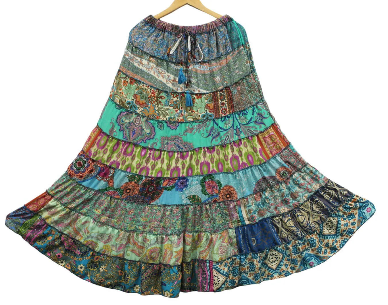 Recycled Silk sari Bohemian Skirt Women Hippy Patchwork Long Boho Skirt Floral Print , Elastic Waist A Line