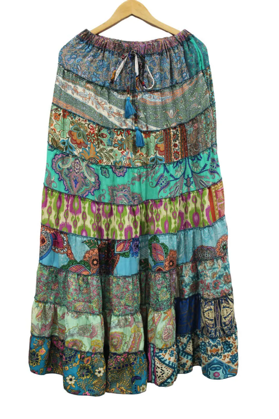 Recycled Silk sari Bohemian Skirt Women Hippy Patchwork Long Boho Skirt Floral Print , Elastic Waist A Line