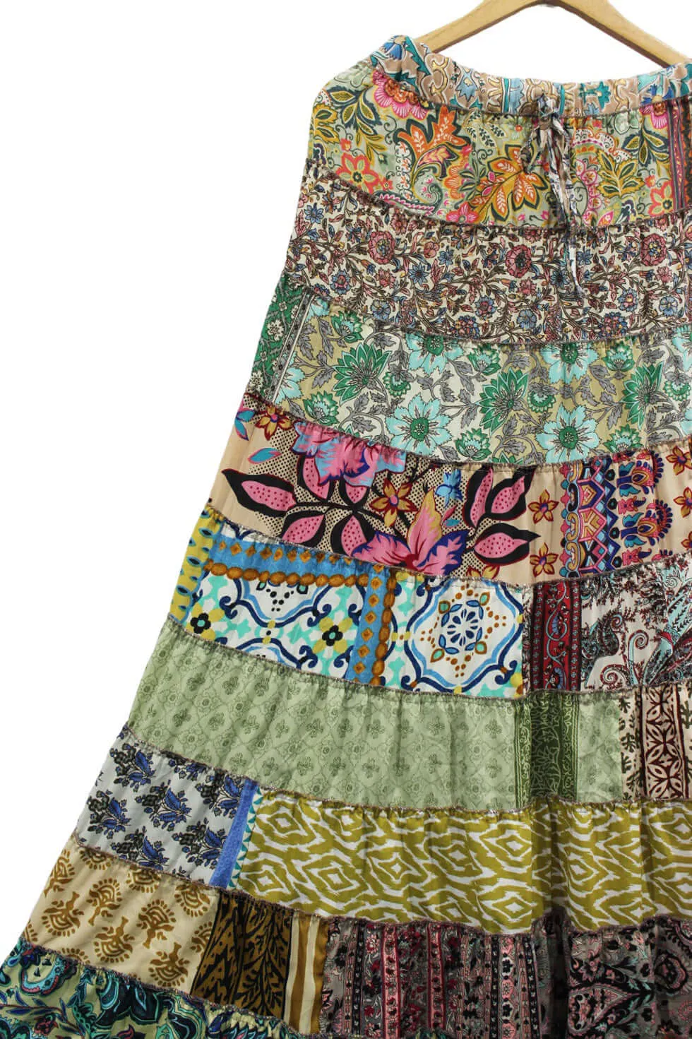 Recycled Silk sari Bohemian Skirt Women Hippy Patchwork Long Boho Skirt Floral Print , Elastic Waist A Line