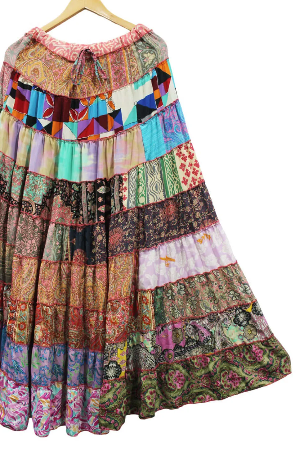 Recycled Silk sari Bohemian Skirt Women Hippy Patchwork Long Boho Skirt Floral Print , Elastic Waist A Line