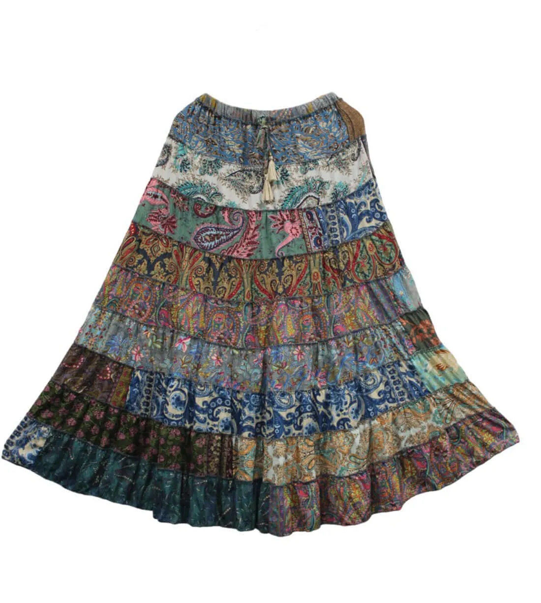 Recycled Silk sari Bohemian Skirt Women Hippy Patchwork Long Boho Skirt Floral Print , Elastic Waist A Line