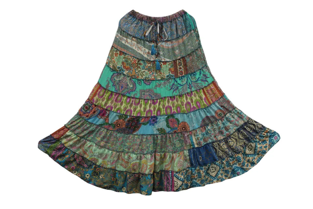 Recycled Silk sari Bohemian Skirt Women Hippy Patchwork Long Boho Skirt Floral Print , Elastic Waist A Line