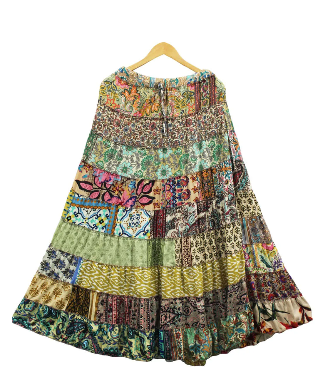 Recycled Silk sari Bohemian Skirt Women Hippy Patchwork Long Boho Skirt Floral Print , Elastic Waist A Line