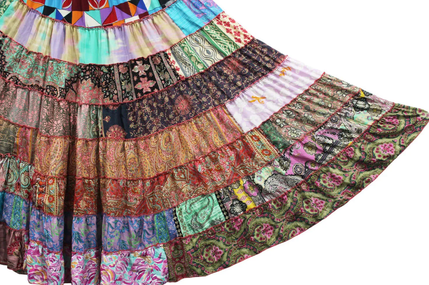 Recycled Silk sari Bohemian Skirt Women Hippy Patchwork Long Boho Skirt Floral Print , Elastic Waist A Line