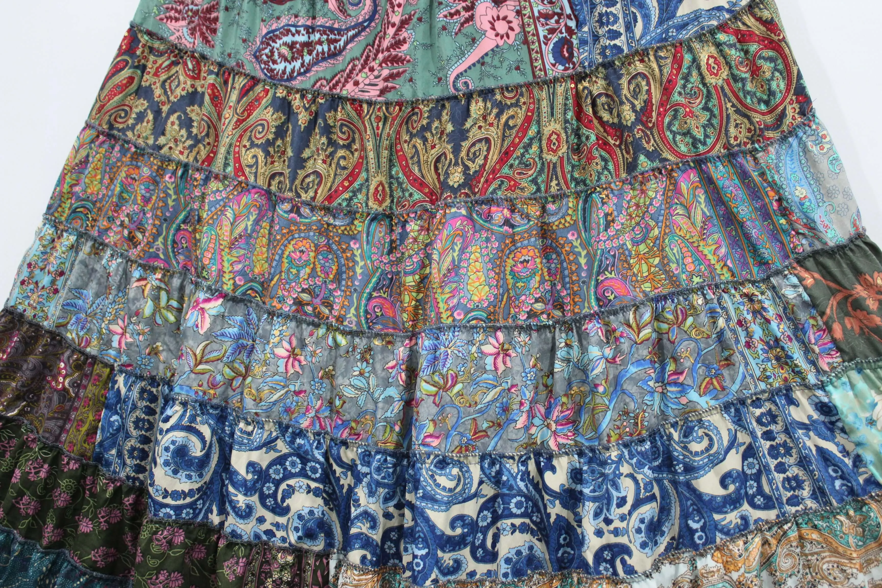 Recycled Silk sari Bohemian Skirt Women Hippy Patchwork Long Boho Skirt Floral Print , Elastic Waist A Line