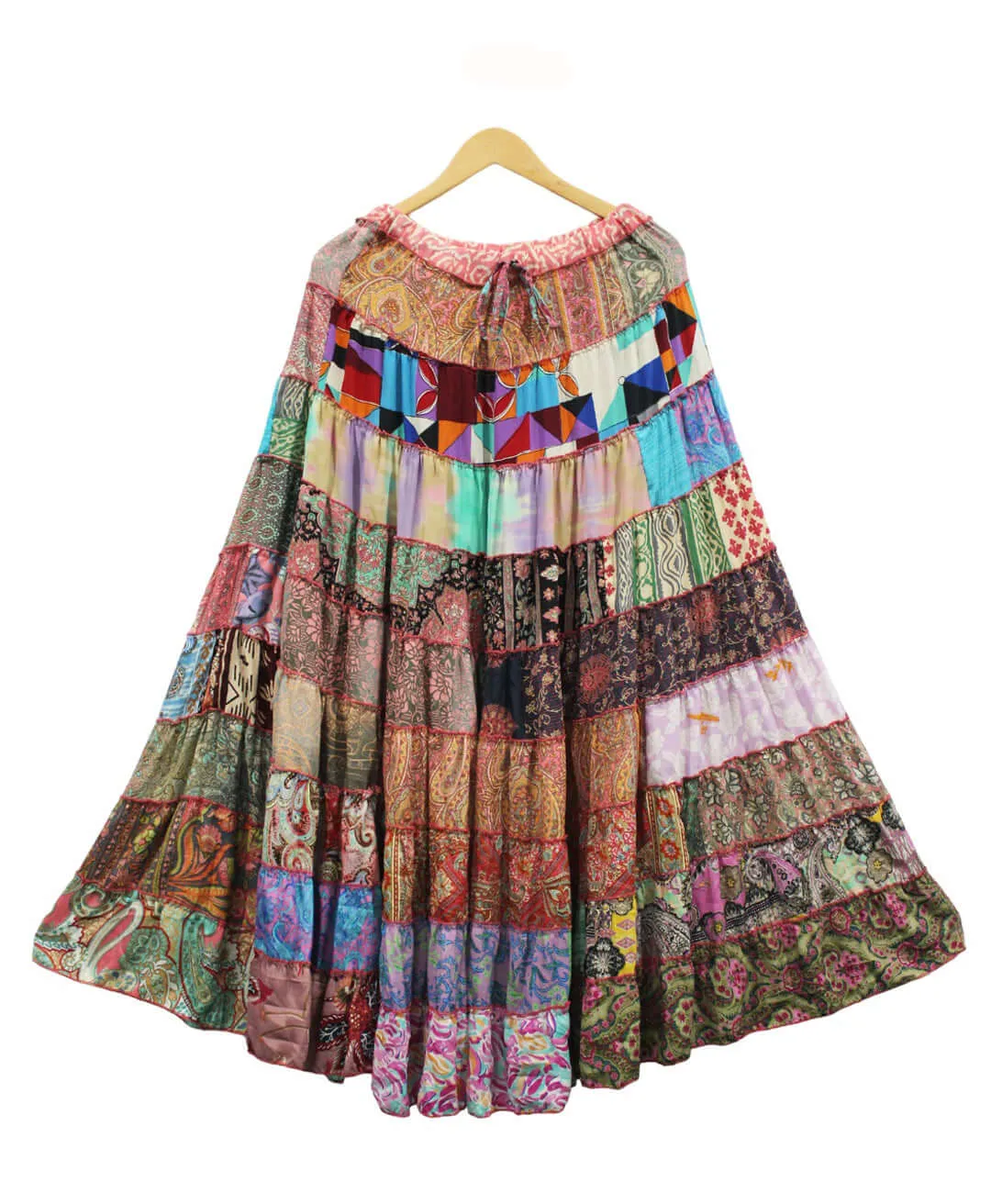 Recycled Silk sari Bohemian Skirt Women Hippy Patchwork Long Boho Skirt Floral Print , Elastic Waist A Line