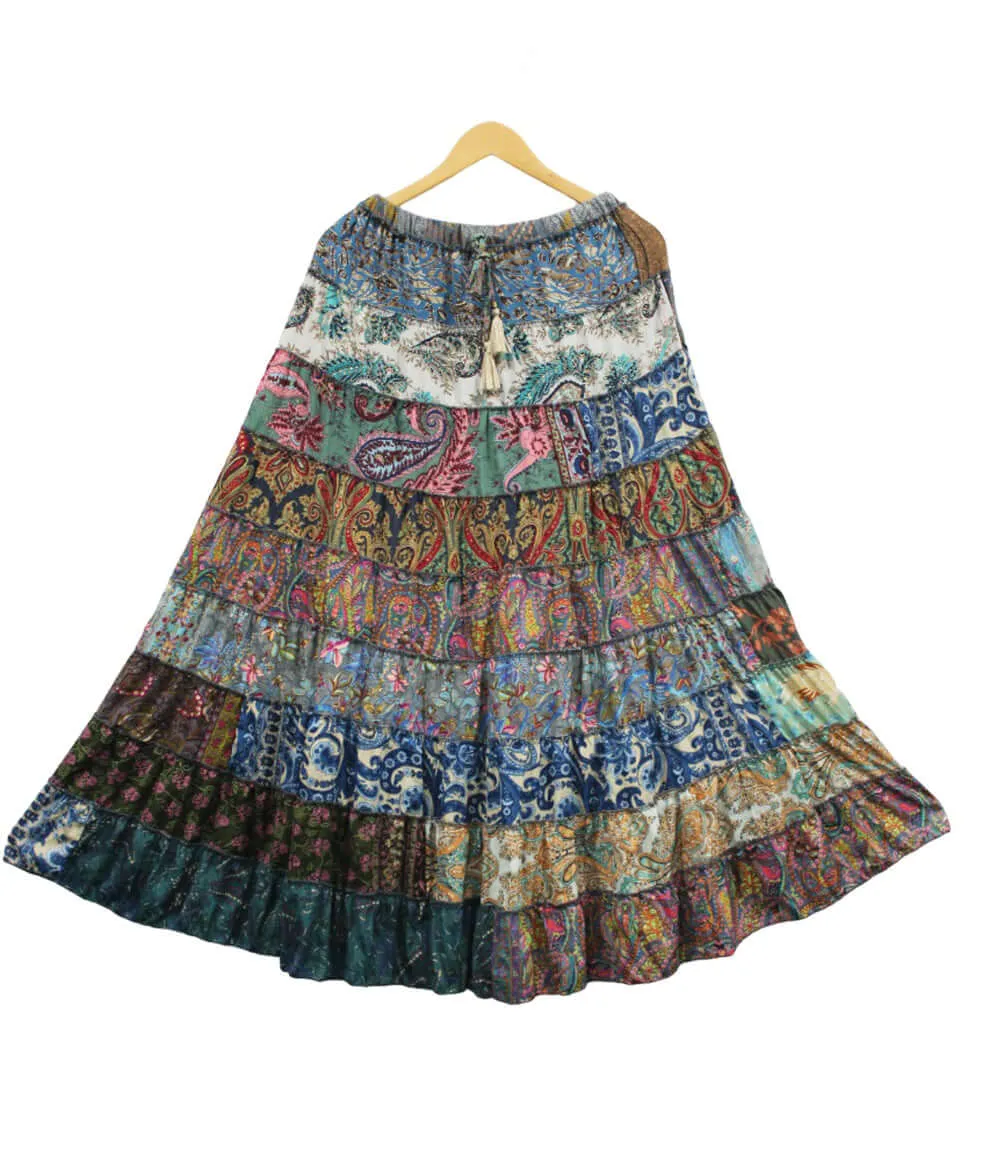 Recycled Silk sari Bohemian Skirt Women Hippy Patchwork Long Boho Skirt Floral Print , Elastic Waist A Line