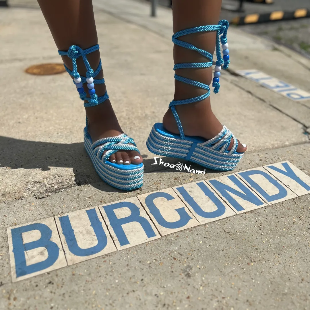 SANDRALYN Blue Striped Rope Espadrille Sandals