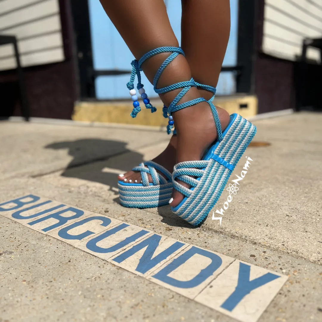 SANDRALYN Blue Striped Rope Espadrille Sandals