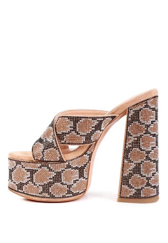 Sinful High Platform Patterned Diamante Slides