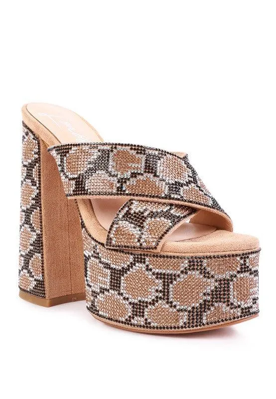 Sinful High Platform Patterned Diamante Slides