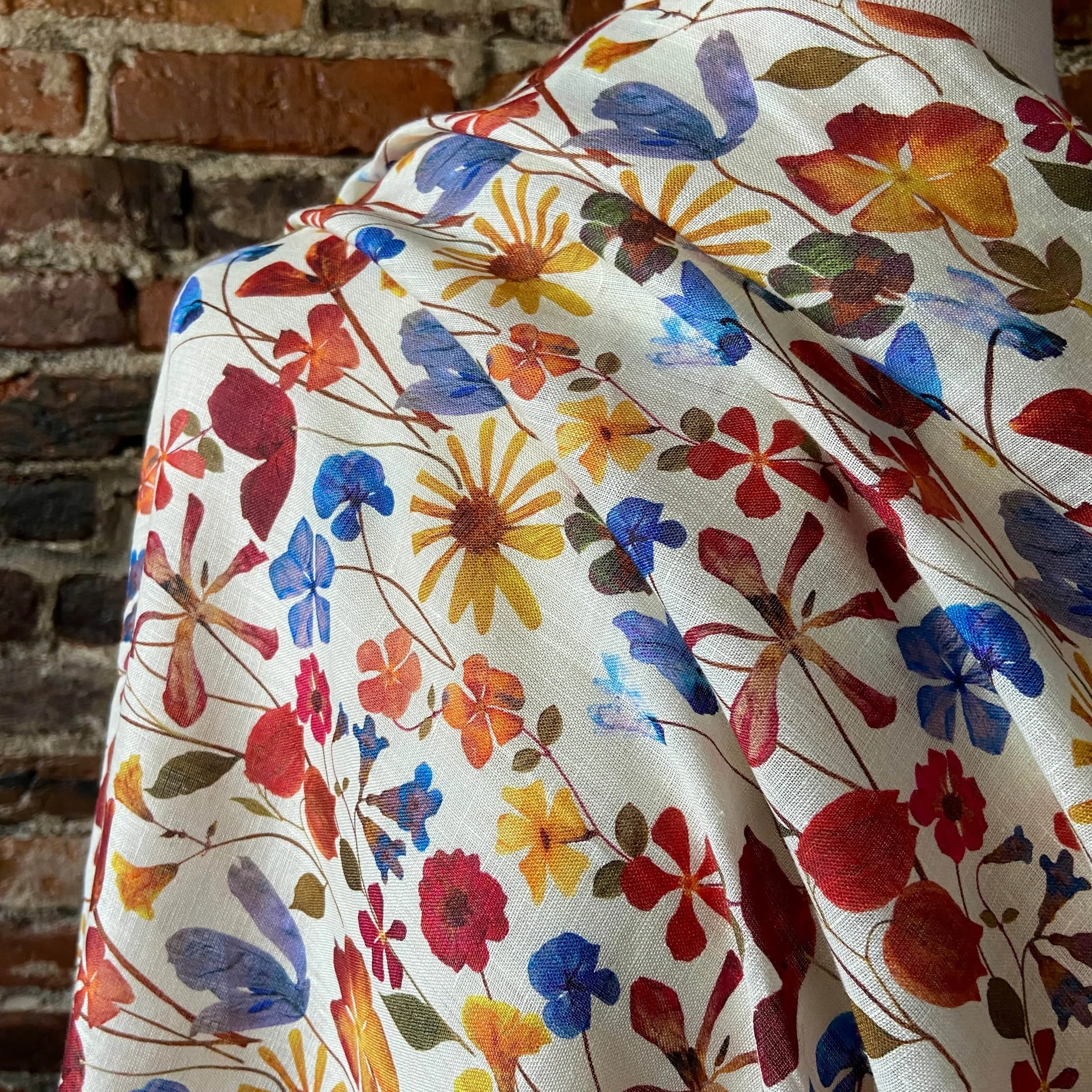 Small Pressed Flowers in Warm on Cream Linen