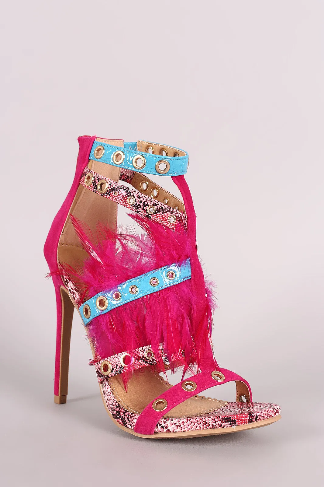 Strappy Grommets And Feather Embellished Stiletto Heel