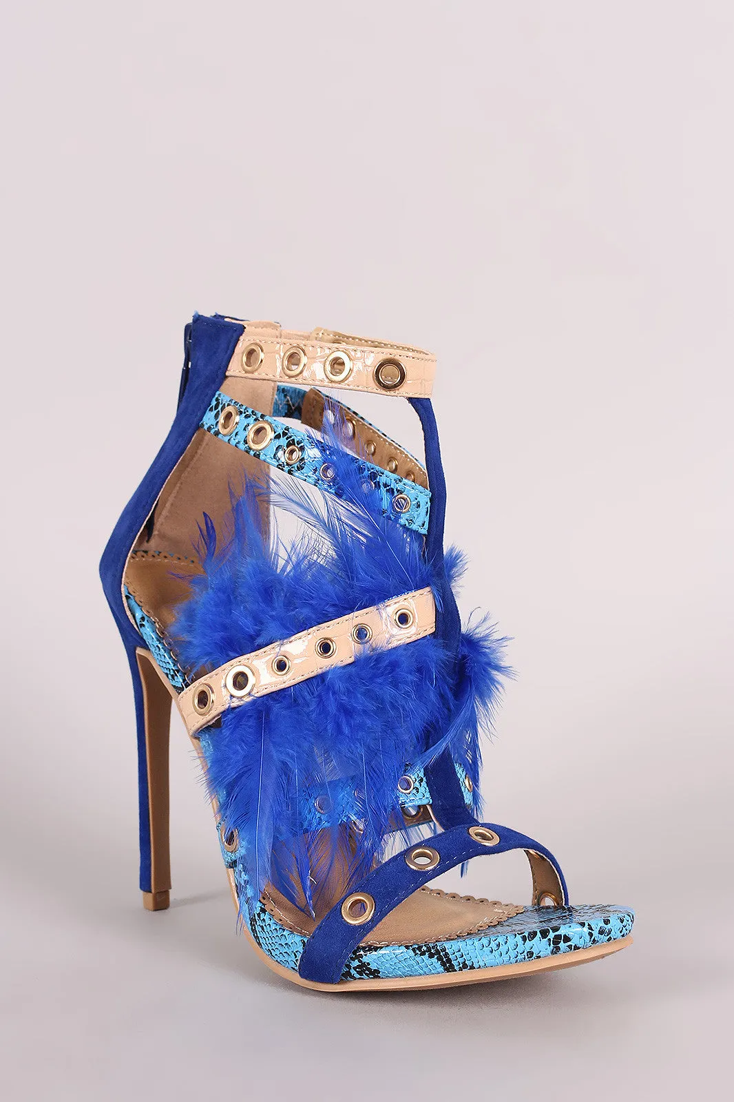 Strappy Grommets And Feather Embellished Stiletto Heel