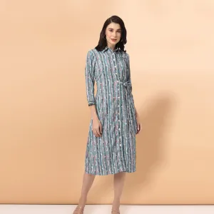 Stylish Blue Printed Women’s Midi Shirt Dress