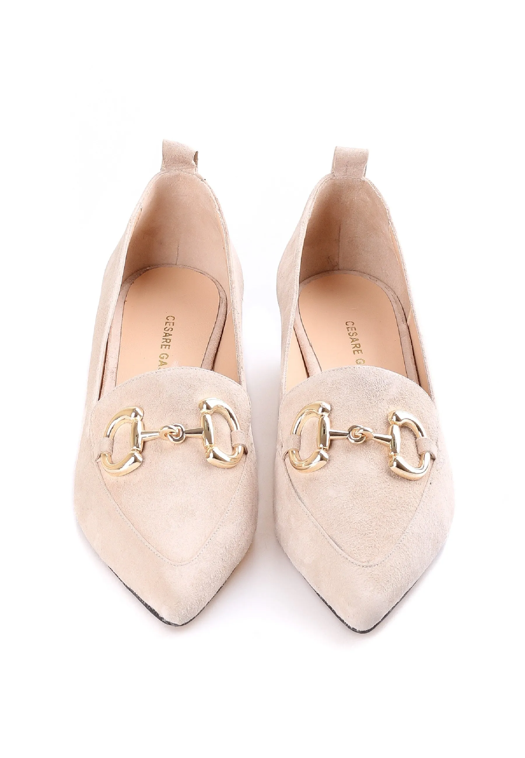 Suede Block Heel Loafers with Gold Chain Detail - Beige