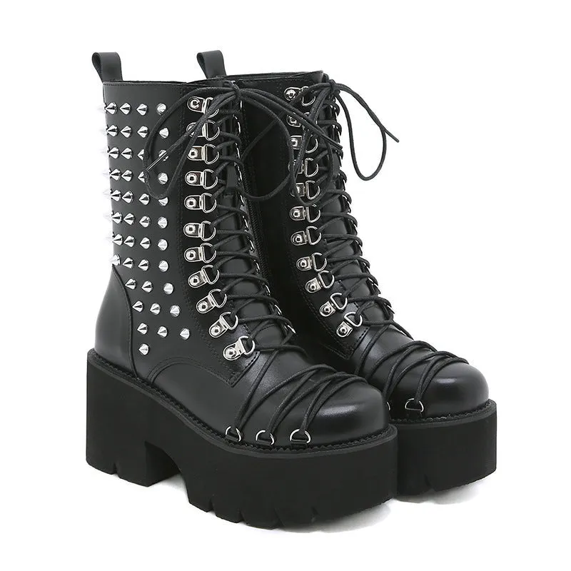 Women black lace up studded chunky platform motorcycle boots