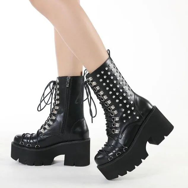 Women black lace up studded chunky platform motorcycle boots