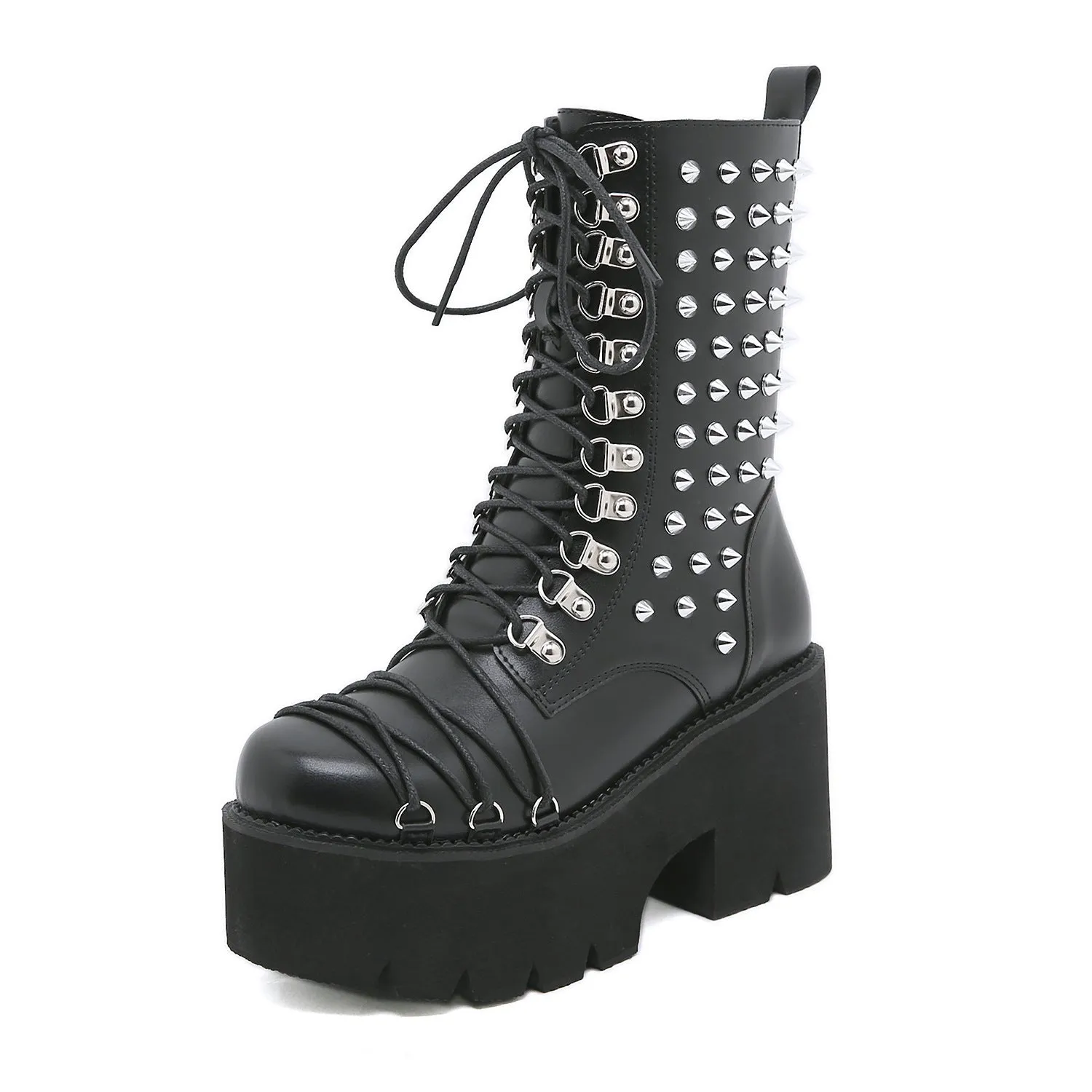 Women black lace up studded chunky platform motorcycle boots