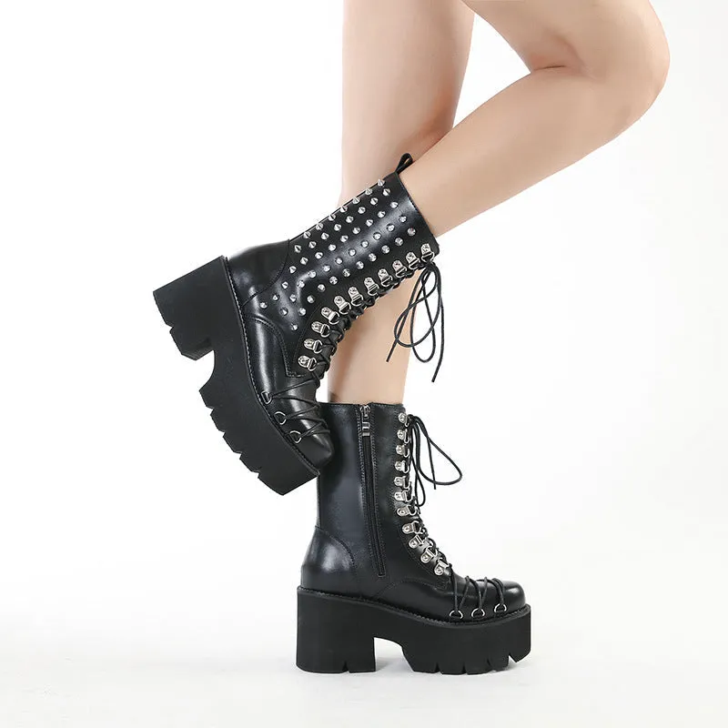 Women black lace up studded chunky platform motorcycle boots