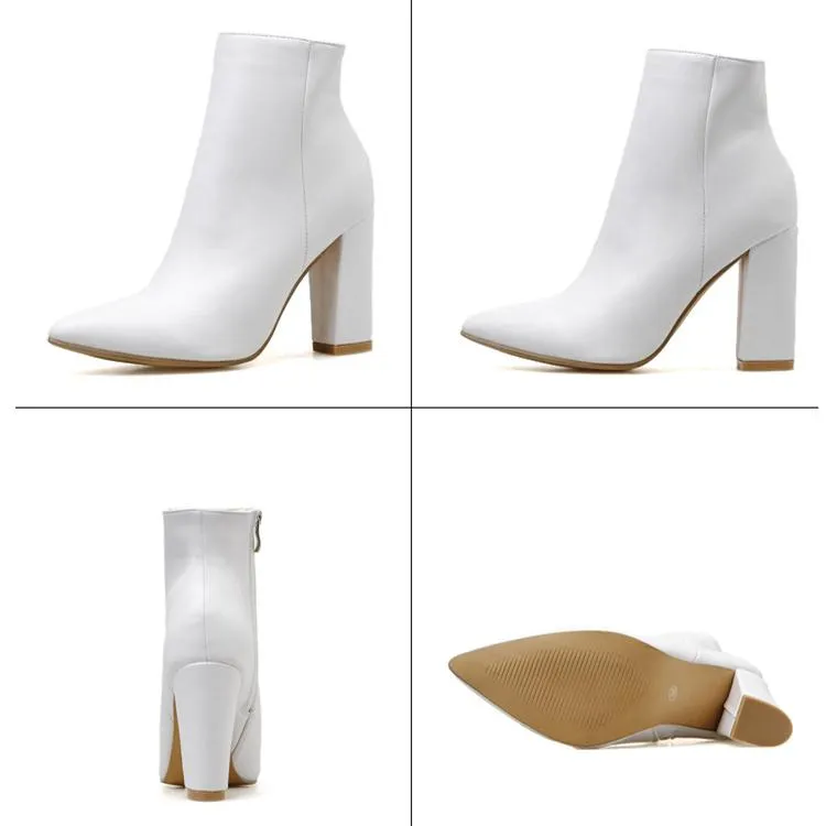 Women chunky high heel pointed toe ankle white boot