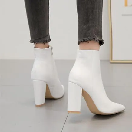 Women chunky high heel pointed toe ankle white boot