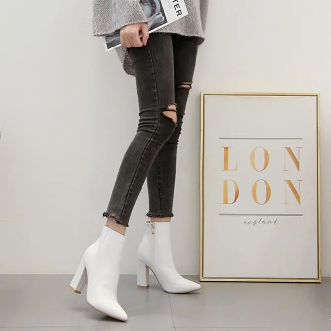 Women chunky high heel pointed toe ankle white boot