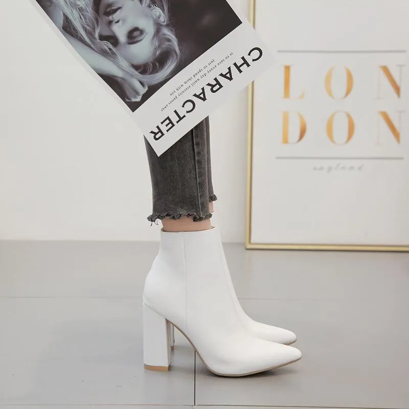 Women chunky high heel pointed toe ankle white boot