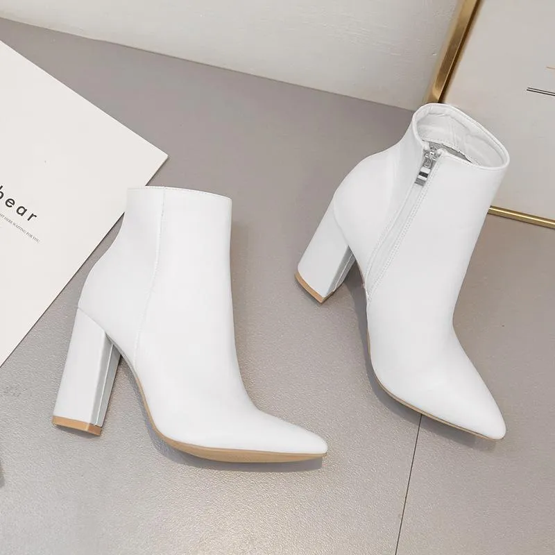 Women chunky high heel pointed toe ankle white boot