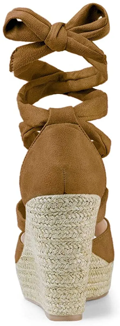 Women's Brown Lace Up Espadrilles Wedge Sandals