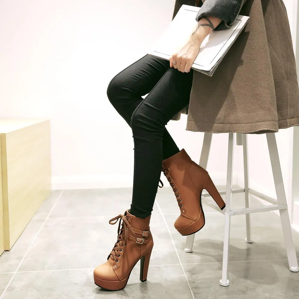 Women's platform heeled combat boots buckle strap lace-up ankle boots