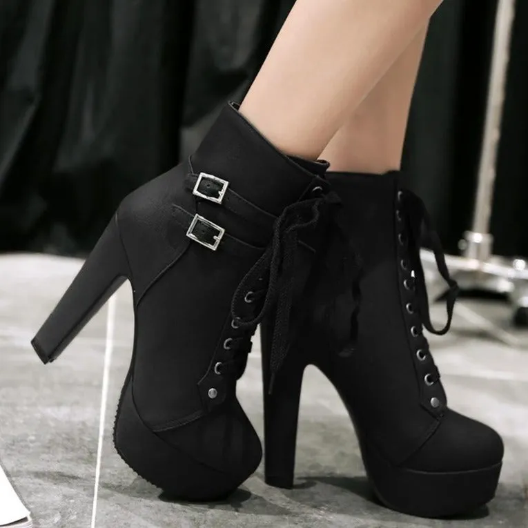 Women's platform heeled combat boots buckle strap lace-up ankle boots