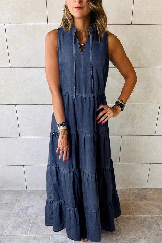 Women's Sleeveless Tiered Chambray Maxi Dress in Navy Blue