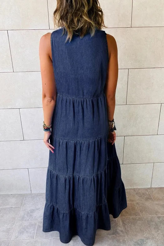 Women's Sleeveless Tiered Chambray Maxi Dress in Navy Blue