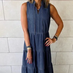 Women's Sleeveless Tiered Chambray Maxi Dress in Navy Blue