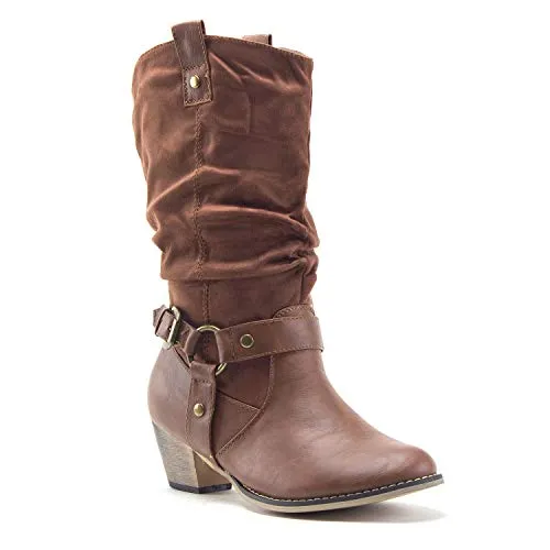 Women's Tall Ruched Western Chunky Heel Pull On Cowboy Cowgirl Dress Boots