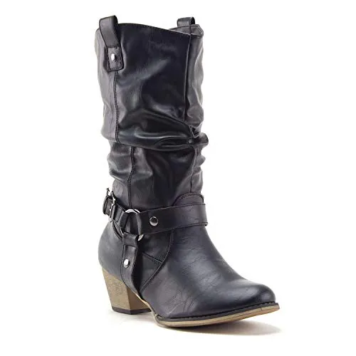 Women's Tall Ruched Western Chunky Heel Pull On Cowboy Cowgirl Dress Boots